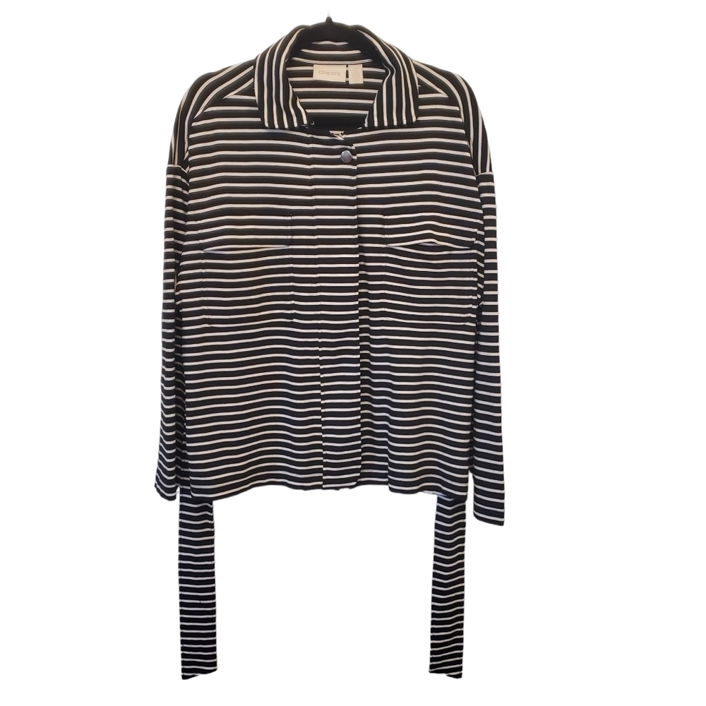 Chico's Size 2 Stretchy Full Zip Attached Waist Tie Black White Stripe Jacket